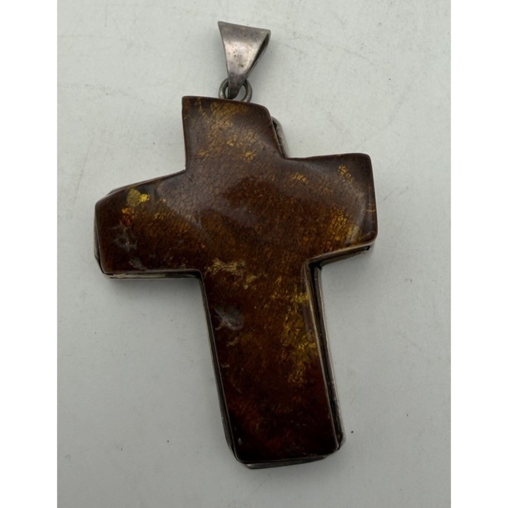 Vintage Amber Style Cross Pendant Silver Tone Statement Jewelry 2.75"